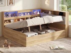 Łóżko dziecięce z pojemnikiem 140x200cm - z portem USB i LED - Przechowywanie pod łóżkiem - Przegródki do przechowywania - MDF - Naturalny (bez materaca)