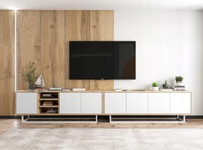 Szafka RTV z 7 drzwiami i 1 wnęką - korpus dąb wotan fronty biały mat - 300 cm, metalowy stelaż