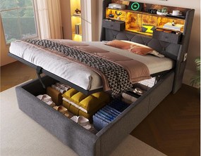 Łóżko z pojemnikiem tapicerowane 90x200cm - z LED - z 4 portami ładowania (USB/Type-C) - zagłówek z przechowywaniem - len - Szary (bez materaca)