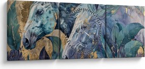 Obraz - Konie na złotym tle (z zegarem) (90x30 cm)