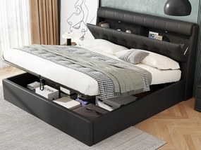 Łóżko 180x200 cm - z ekoskóry - wezgłowie z miejscem do przechowywania - Czarne