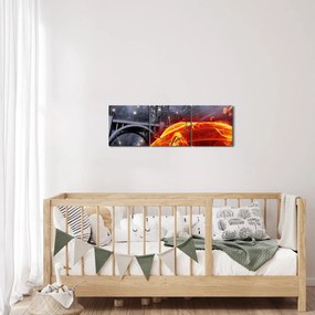 Obraz płonącego samochodu (z zegarem) (90x30 cm)