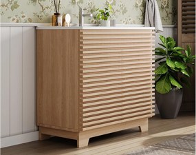 Meble łazienkowe na nogach - Zintegrowana umywalka - 2 drzwi i wbudowane półki - MDF - Naturalny