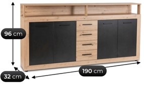 Komoda Czterodrzwiowa z Szufladami BLAGO 190 cm Dąb Artisan/Czarny Nowoczesna Loft