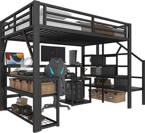 Łóżko na antresoli 140x200 cm - z drabiną bezpieczeństwa - z taśmą LED + biurkiem - z portem USB - czarny​ (materac nie jest wliczony w cenę)