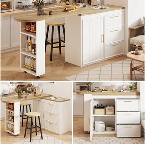 Stół barowy obrotowy 360° - 128/203 x 39 x 90 cm - z półkami + 3 szuflady + drzwi - MDF + metal - biały