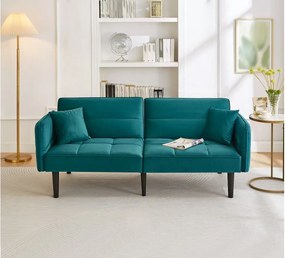 Dwuosobowa sofa rozkładana z aksamitu w kolorze turkusowym, z regulowanym oparciem i podłokietnikami, do salonu lub biura