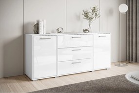 Nowoczesna komoda 150 cm do salonu – 3 szuflady i 2 szafki, korpus biały mat, fronty białe połysk