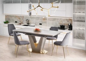 Stół Valentinko 160-220 cm – rozkładany, prostokątny z blatem ceramicznym i MDF lakierowanym w jasnym popielu złote wstawki