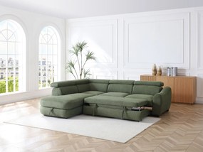 Kanapa narożna rozkładana lewostronna z  zielonej tkaniny teksturowanej BESEMA