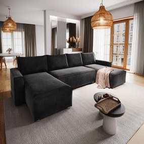 Masseno Narożnik DENI z funkcją spania i pojemnikiem na pościel Narozniki U, Rozkładana sofa - Czarny, MONOLITH 95