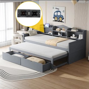 Łóżko dziecięce 90x200 cm - z 2 szufladami i dużym schowkiem - szary