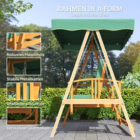 Outsunny Huśtawka ogrodowa z daszkiem, drewniana, z funkcją leżanki, dla 3 osób, Ciemnozielona