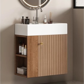 Szafka łazienkowa wisząca z umywalką - 55 x 31 x 66,5 cm - z 1 drzwiami i półką - MDF - brązowa