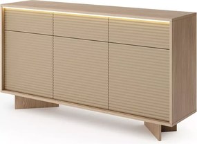 Komoda Parsja 3D3S 154 cm LED – komoda do salonu z szufladami, ryflowane fronty, bolivar naturalny / cappuccino, push-to-open