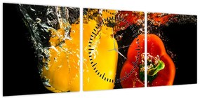 Obraz - papryki w wodzie (z zegarem) (90x30 cm)