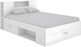 Łóżko ze skrzynią i szufladami - 140 x 190 cm - Kolory: biały + Stelaż + Materac - LEANDRE