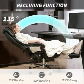 HOMCOM Fotel Biurowy Ergonomiczny z Funkcją Masażu, Podnóżkiem, Czarny Skórzany | Aosom PL