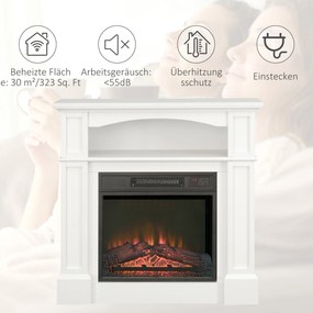 HOMCOM Elektryczny kominek z efektem płomienia 3D LED, zdolność grzewcza 30 m², pilot, Biały/Czarny