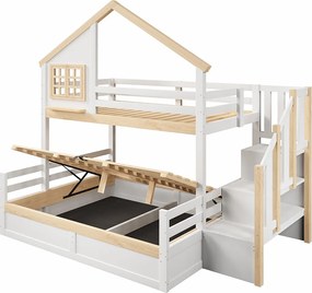 Łóżko piętrowe dla dzieci - 90 x 200 cm + 140 x 200 cm - z łóżkami hydraulicznymi + drabinka ze schowkiem - drewniane - białe