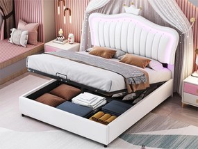 Łóżko tapicerowane z ekoskóry 140x200 cm - z LED i stelażem na listwy - Białe