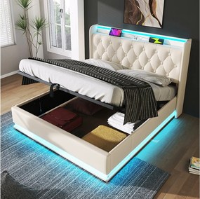 Łóżko 160x200 cm z pojemnikiem - Łóżko dla dorosłych z ładowaniem USB i oświetleniem LED - Biały PU - Bez materaca