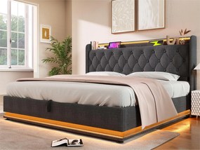 Łóżko z pojemnikiem 160x200cm z lnu - z LED i gniazdami USB & Type-C - Szare