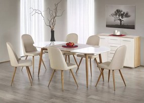 Nowoczesny owalny stół Tonga 120-200 cm z rozkładanym białym lakierowanym blatem MDF i nogami w kolorze dębu