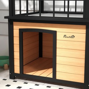 PawHut Drewniany domek dla psa z tarasem odporny na warunki atmosferyczne 121x77x78 cm czarno-żółty | Aosom PL