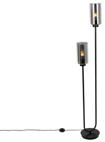 Lampa podłogowa art deco czarna z przydymionym szkłem 2-światła - Laura ArtDeco Oswietlenie wewnetrzne