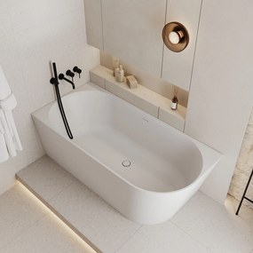 Wanna wolnostojąca narożna lewa z konglomeratu beżowa matowa 160 x 75 cm WALL Beige Matt z przelewem typu SLIM : Kolor wanny - Biały matowy
