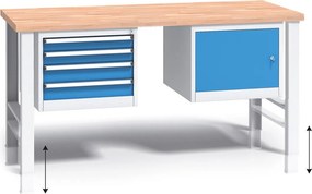 Stół warsztatowy z regulacją wysokości G3, 1700 x 685 x 840-1050 mm, 1x 4 szufladowy kontener, 1x szafka, niebieski