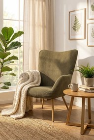 Oliwkowy fotel uszak w stylu skandi E0-M15