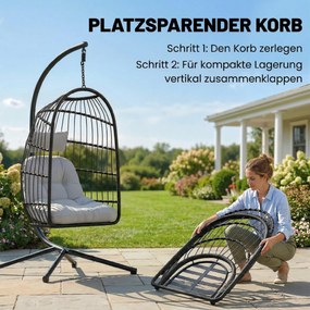 Outsunny Fotel wiszący z ramą, składany, kosz z Polyrattanu z poduszkami, pas bezpieczeństwa, podgłówek, paski, regulowana wysokość | Aosom PL