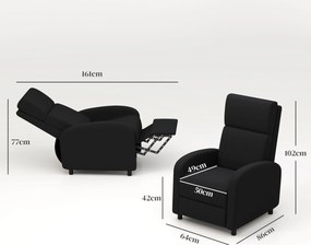 HOMCOM Fotel relaksacyjny, fotel telewizyjny z funkcją leżenia, tapicerowany, z regulowanym oparciem, podnóżek, czarny