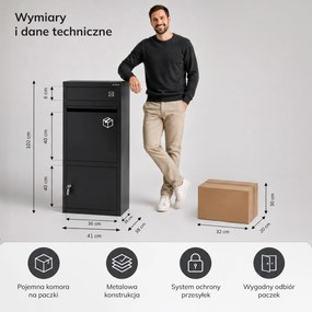 Skrzynka na paczki kurierskie i listy metalowa, zewnętrzna, zamykana, czarna: Paczkobox PAT