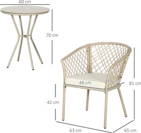 Outsunny Zestaw mebli ogrodowych z rattanu, 2 krzesła i stół, blat ze szkła hartowanego, rattan PE, poduszki siedziskowe, konstrukcja metalowa, Khaki