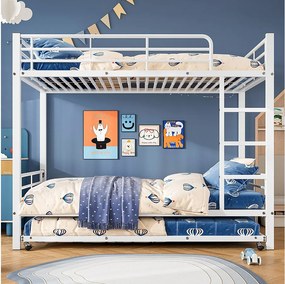 Łóżko piętrowe z wysuwanym łóżkiem - 90 x 200 cm - dla dzieci i młodzieży - z czterema barierkami - wykonane z żelaza - białe