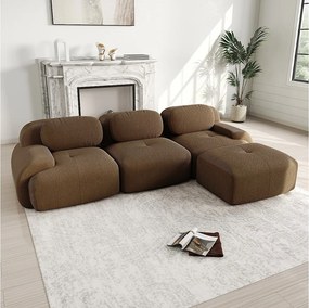 Narożna sofa 3-osobowa modułowa - w Welurze żebrowanym - z 3 poduszkami i pufą - 298x178x70cm - Brązowy