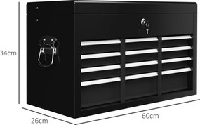 HOMCOM Skrzynka Narzędziowa z Zamkiem, 3 Szuflady, Obudowa Stalowa, 60x26x34cm, Czarna