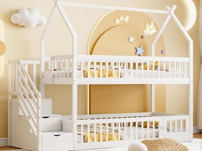 Łóżko piętrowe dla dzieci 90×200 cm - z drabiną bezpieczeństwa i 3 szufladami - białe (materac nie jest zawarty)