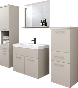 Nowoczesne meble łazienkowe, wiszący zestaw z umywalką, lustrem i słupkami, kaszmirowy beż mat