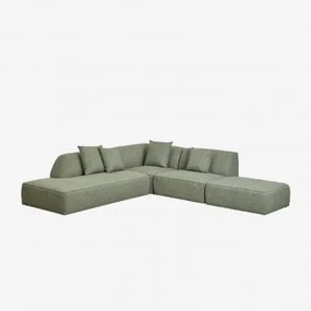 Sofa Modułowy Narożny 3-częściowy Z Lewym Szezlongiem I Tapicerowanym Pufem Cardea Bukla Szałwiowa Zieleń - Sklum