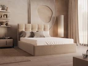 Łóżko ze skrzynią 140 x 190 cm - Welur - Beżowy + Materac - MIRDAL Pascala Morabito