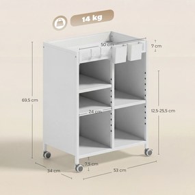 HOMCOM Regał na książki na kółkach, 4-poziomowy, regulowane półki i wiszące kosze do salonu i biura, biały | Aosom PL