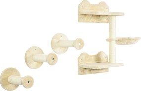 PawHut Schody dla Kota 4w1 Zestaw Wspinaczkowy Beżowo-Kremowy z Drapakiem i Hamakiem 40x28x73cm | Aosom PL