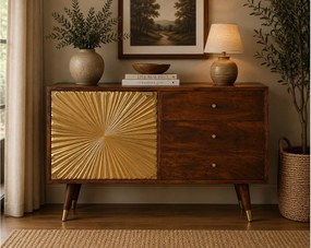Kredens meblowy Artisan Furniture Munnilun Gold, lite drewno, czekoladowy brąz i złoto, 3 szuflady i 1 szafka