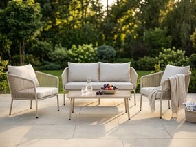 Zestaw mebli ogrodowych beżowy aluminium sofa fotele stolik sznurowanie