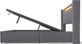 Łóżko ze schowkiem 140x200 cm - szary len - łóżko młodzieżowe z funkcją ładowania przez USB i oświetleniem LED - bez materaca