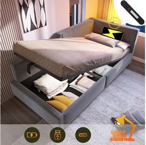 Łóżko ze schowkiem 90x200 cm, szary aksamit, sofa rozkładana z lampką do czytania i funkcją ładowania przez USB, bez materaca